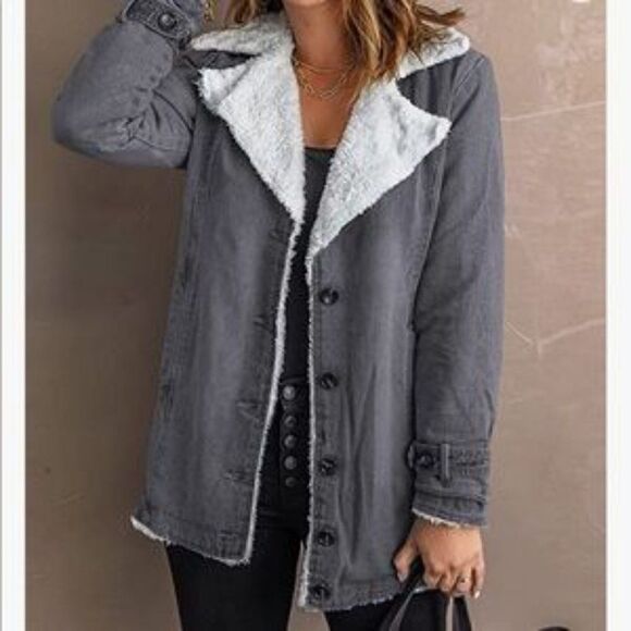 NEW Denim Fur Lined Lapel Coat - Picture 9 of 11